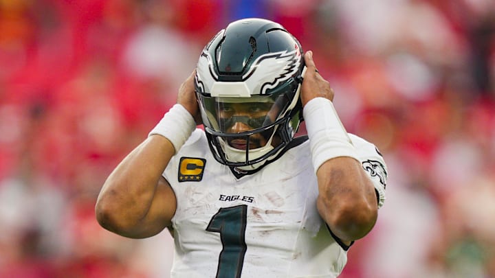 Sep 14, 2025; Kansas City, Missouri, USA; Philadelphia Eagles quarterback Jalen Hurts (1) reacts during the second half against the Kansas City Chiefs at GEHA Field at Arrowhead Stadium. Mandatory Credit: Jay Biggerstaff-Imagn Images