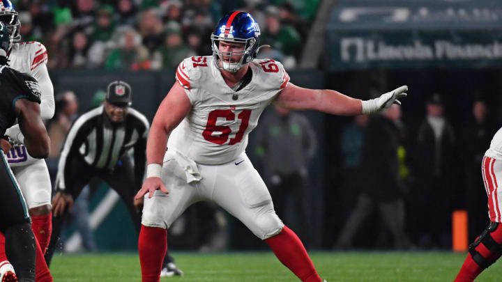 Dec 25, 2023; Philadelphia, Pennsylvania, USA; New York Giants center John Michael Schmitz Jr. (61) against the Philadelphia Eagles at Lincoln Financial Field. Dec 25, 2023; Philadelphia, Pennsylvania, USA; New York Giants center John Michael Schmitz Jr. (61) against the Philadelphia Eagles at Lincoln Financial Field.