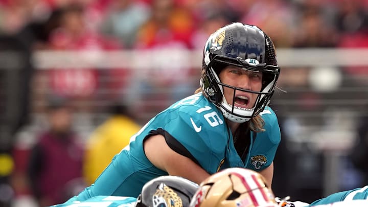 Sep 28, 2025; Santa Clara, California, USA; Jacksonville Jaguars quarterback Trevor Lawrence (16) yells during the first quarter against the San Francisco 49ers at Levi's Stadium. Mandatory Credit: Darren Yamashita-Imagn Images
