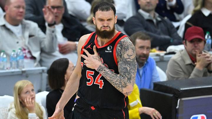 Apr 29, 2026; Cleveland, Ohio, USA; Toronto Raptors forward Sandro Mamukelashvili (54) celebrates his three-point basket against the Cleveland Cavaliers in the third quarter of game five of the first round of the 2026 NBA Playoffs at Rocket Arena. Mandatory Credit: David Richard-Imagn Images