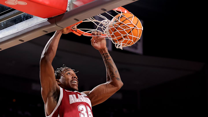 Jan 11, 2025; College Station, Texas, USA; Alabama Crimson Tide forward Derrion Reid (35) dunks against the Texas A&M Aggies during the second half at Reed Arena. Mandatory Credit: Erik Williams-Imagn Images
