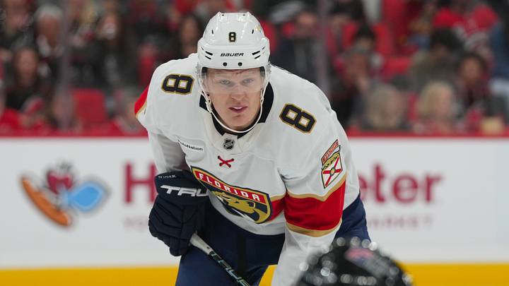Florida Panthers' Brady Tkachuk (8) waits for a face off during the second period against the Carolina Hurricanes at Lenovo Center. Mandatory Credit: James Guillory-Imagn Images Florida Panthers' Brady Tkachuk (8) waits for a face off during the second period against the Carolina Hurricanes at Lenovo Center. Mandatory Credit: James Guillory-Imagn Images
