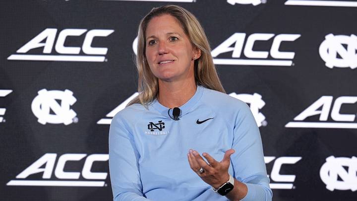 Oct 6, 2026; Charlotte, NC, USA;  North Carolina head coach Courtney Banghart answers questions from the media during the ACC Basketball Tip-Off in Charlotte, NC.  Mandatory Credit: Jim Dedmon-Imagn Images