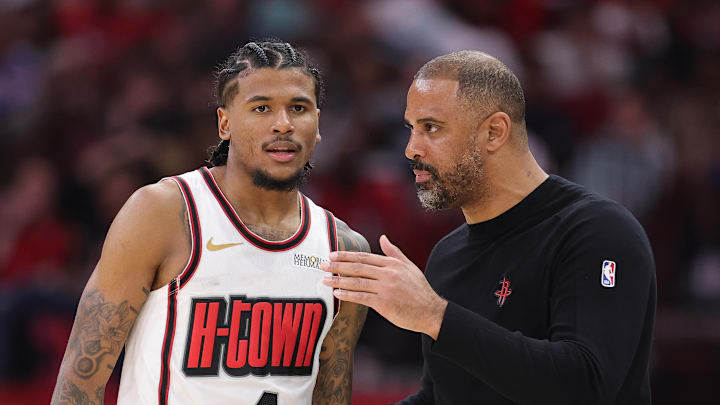 Houston guard Jalen Green (left) and head coach Ime Udoka (right) pictured versus Minnesota