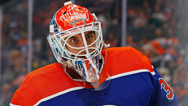 Sep 24, 2023; Edmonton, Alberta, CAN; Edmonton Oilers goaltender Olivier Rodrigue (35) skates
