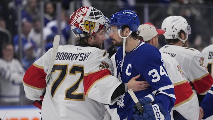 May 18, 2025; Toronto, Ontario, CAN; Toronto Maple Leafs forward Auston Matthews (34) and Florida Panthers goaltender Sergei Bobrovsky (72) shake hands after game seven of the second round of the 2025 Stanley Cup Playoffs at Scotiabank Arena. Mandatory Credit: John E. Sokolowski-Imagn Images