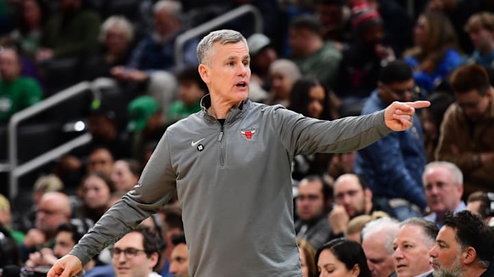 Jan 29, 2025; Boston, Massachusetts, USA; Chicago Bulls head coach Billy Donovan during the second half against the Boston Celtics at TD Garden. Mandatory Credit: Bob DeChiara-Imagn Images