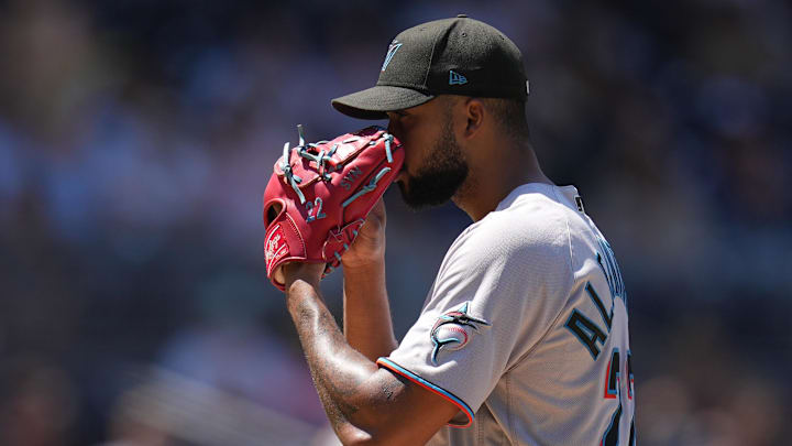 Aug 23, 2023; San Diego, California, USA;  Miami Marlins starting pitcher Sandy Alcantara (22) prepares to throws a pitch against the San Diego Padres during the fourth inning at Petco Park.