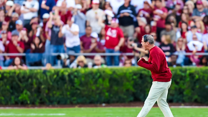 Oct 25, 2025; Columbia, South Carolina, USA; South Carolina Gamecocks head coach Shane Beamer reacts to a play against the Alabama Crimson Tide in the second quarter at Williams-Brice Stadium. Mandatory Credit: Jeff Blake-Imagn Images Oct 25, 2025; Columbia, South Carolina, USA; South Carolina Gamecocks head coach Shane Beamer reacts to a play against the Alabama Crimson Tide in the second quarter at Williams-Brice Stadium. Mandatory Credit: Jeff Blake-Imagn Images