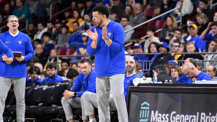 Mar 2, 2024; Chestnut Hill, Massachusetts, USA; Pittsburgh Panthers head coach Jeff Capel reacts to game action against the Boston College Eagles during the second half at Conte Forum. Mandatory Credit: Eric Canha-USA TODAY Sports