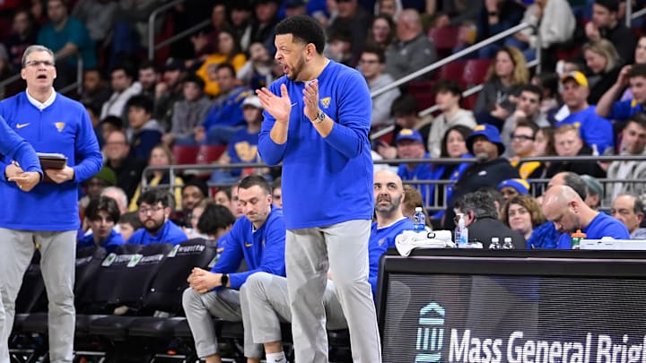 Mar 2, 2024; Chestnut Hill, Massachusetts, USA; Pittsburgh Panthers head coach Jeff Capel reacts to game action against the Boston College Eagles during the second half at Conte Forum. Mandatory Credit: Eric Canha-Imagn Images