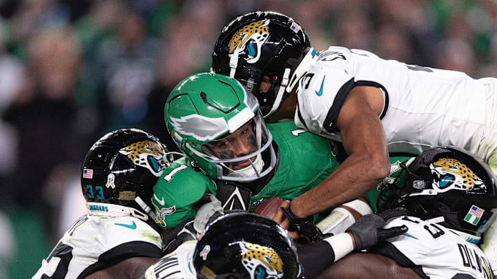 Nov 3, 2024; Philadelphia, Pennsylvania, USA; Philadelphia Eagles quarterback Jalen Hurts (1) is stopped by the Jacksonville Jaguars on a two point conversation attempt in the second quarter at Lincoln Financial Field. Mandatory Credit: Bill Streicher-Imagn Images