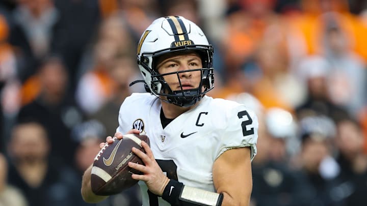 Nov 29, 2025; Knoxville, Tennessee, USA;  Vanderbilt Commodores quarterback Diego Pavia (2) looks to pass against the Tennessee Volunteers during the first half at Neyland Stadium. Mandatory Credit: Randy Sartin-Imagn Images