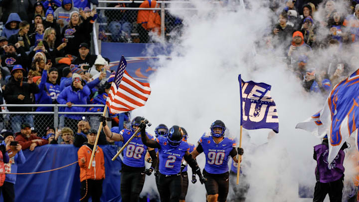 Nov 1, 2024; Boise, Idaho, USA; Boise State Broncos running back Ashton Jeanty (2) leads the team onto the field prior to the first quarter against the San Diego State Aztecs at Albertsons Stadium. Mandatory Credit: Brian Losness-Imagn Images


