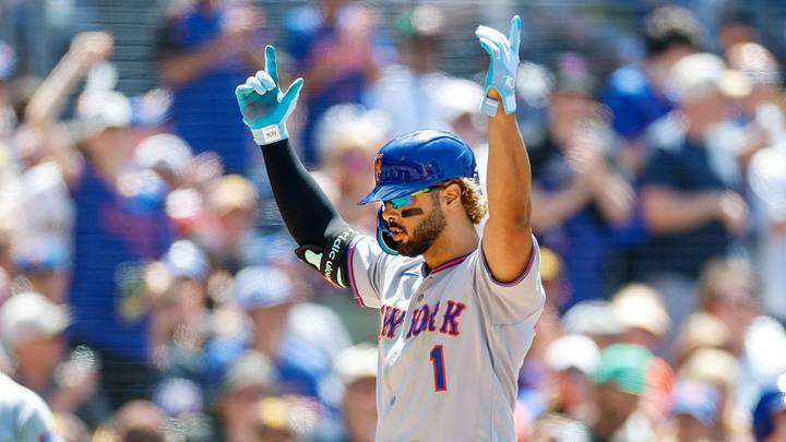 Jun 7, 2026; San Diego, California, USA; New York Mets left fielder MJ Melendez (1) celebrates after hitting a one run home run during the sixth inning against the San Diego Padres at Petco Park. Mandatory Credit: David Frerker-Imagn Images