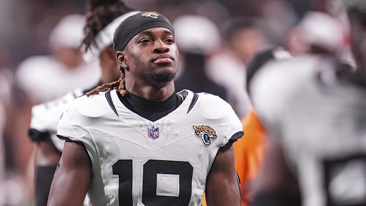 Aug 23, 2024; Atlanta, Georgia, USA; Jacksonville Jaguars wide receiver Joshua Cephus (19) shown on the field against the Atlanta Falcons at Mercedes-Benz Stadium. Mandatory Credit: Dale Zanine-Imagn Images