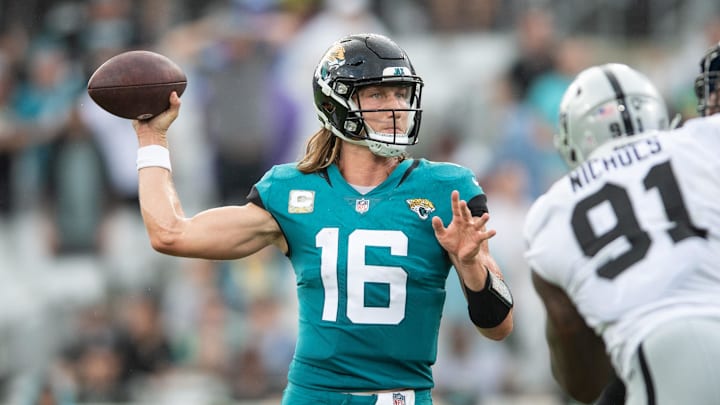 Nov 6, 2022; Jacksonville, Florida, USA; Jacksonville Jaguars quarterback Trevor Lawrence (16) throws the ball against the Las Vegas Raiders in the third quarter at TIAA Bank Field. Mandatory Credit: Jeremy Reper-Imagn Images Nov 6, 2022; Jacksonville, Florida, USA; Jacksonville Jaguars quarterback Trevor Lawrence (16) throws the ball against the Las Vegas Raiders in the third quarter at TIAA Bank Field. Mandatory Credit: Jeremy Reper-Imagn Images