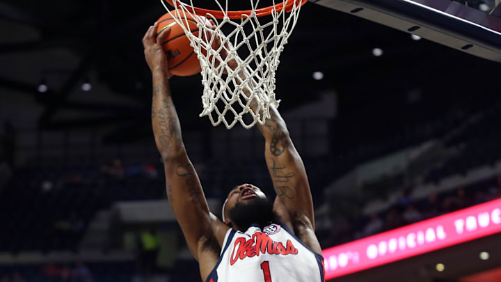 Dec 7, 2024; Oxford, Mississippi, USA; Mississippi Rebels forward Mikeal Brown-Jones (1) dunks against the Lindenwood Lions during the first half at The Sandy and John Black Pavilion at Ole Miss. Mandatory Credit: Petre Thomas-Imagn Images Dec 7, 2024; Oxford, Mississippi, USA; Mississippi Rebels forward Mikeal Brown-Jones (1) dunks against the Lindenwood Lions during the first half at The Sandy and John Black Pavilion at Ole Miss. Mandatory Credit: Petre Thomas-Imagn Images