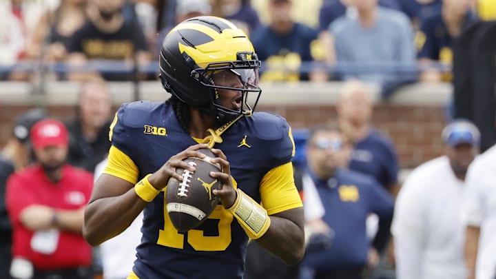 Sep 13, 2025; Ann Arbor, Michigan, USA;  Michigan Wolverines quarterback Bryce Underwood (19) passes in the first half against the Central Michigan Chippewas at Michigan Stadium. Mandatory Credit: Rick Osentoski-Imagn Images