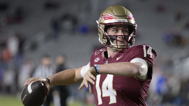 Nov 30, 2024; Tallahassee, Florida, USA; Florida State Seminoles quarterback Luke Kromenhoek (14) before a game against the Florida Gators at Doak S. Campbell Stadium. Mandatory Credit: Melina Myers-Imagn Images