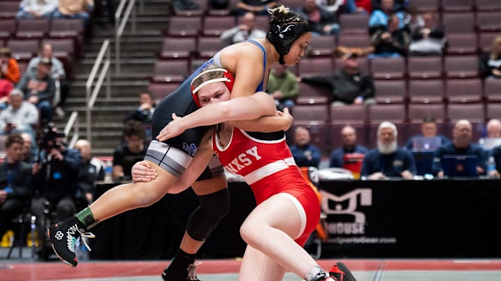 Bensalem's Maya Krieger (left) wrestles Punxsutawney's Jael Miller in the 170-pound championship bout at the PIAA Wrestling Championships at the Giant Center on March 9, 2024, in Hershey. Miller won by fall at 3:02.