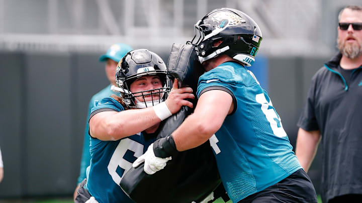 May 10, 2025; Jacksonville, FL, USA; Jacksonville Jaguars offensive lineman Jonah Monheim (60) participates in a drill during rookie minicamp at Miller Electric Center. Mandatory Credit: Travis Register-Imagn Images May 10, 2025; Jacksonville, FL, USA; Jacksonville Jaguars offensive lineman Jonah Monheim (60) participates in a drill during rookie minicamp at Miller Electric Center. Mandatory Credit: Travis Register-Imagn Images