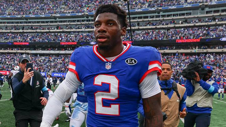 Oct 4, 2026; East Rutherford, New Jersey, USA; New York Giants cornerback Deonte Banks (2) celebrates after the game against the Arizona Cardinals at MetLife Stadium. Oct 4, 2026; East Rutherford, New Jersey, USA; New York Giants cornerback Deonte Banks (2) celebrates after the game against the Arizona Cardinals at MetLife Stadium.