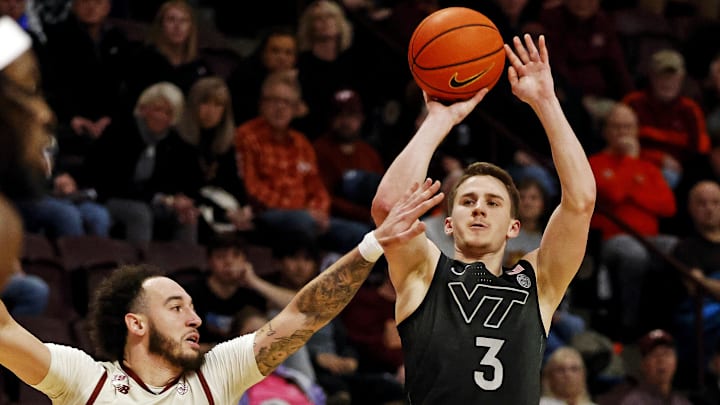 Jan 23, 2024; Blacksburg, Virginia, USA; Virginia Tech Hokies guard Sean Pedulla (3) shoots the ball