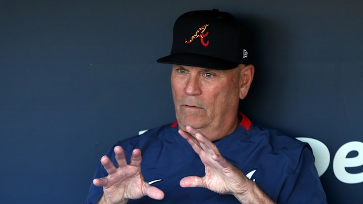 Atlanta Braves hitting coach Kevin Seitzer talks with reporters before a National League Championship Series game against the Los Angeles Dodgers on Oct. 17, 2021, at Truist Park.