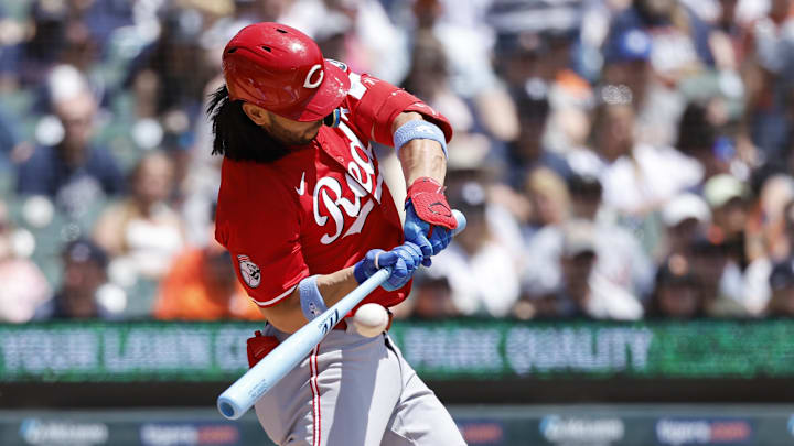 Jun 15, 2025; Detroit, Michigan, USA;  Cincinnati Reds outfielder Connor Joe (17) hits a sacrifice fly in the fourth inning against the Detroit Tigers at Comerica Park. Mandatory Credit: Rick Osentoski-Imagn Images