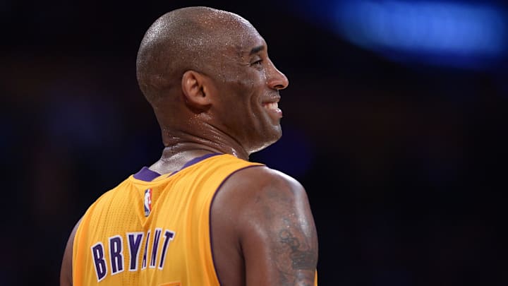 Apr 13, 2016; Los Angeles, CA, USA; Los Angeles Lakers forward Kobe Bryant (24) smiles during the third quarter against the Utah Jazz at Staples Center. Bryant was playing in the final game of his NBA career. Mandatory Credit: Robert Hanashiro-Imagn Images Apr 13, 2016; Los Angeles, CA, USA; Los Angeles Lakers forward Kobe Bryant (24) smiles during the third quarter against the Utah Jazz at Staples Center. Bryant was playing in the final game of his NBA career. Mandatory Credit: Robert Hanashiro-Imagn Images