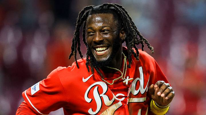 Cincinnati Reds designated hitter Elly De La Cruz (44) reacts