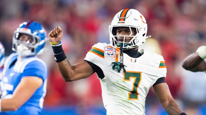 Jan 8, 2026; Glendale, AZ, USA; Miami Hurricanes defensive back Zechariah Poyser (7) against the Mississippi Rebels during the 2026 Fiesta Bowl and semifinal game of the College Football Playoff at State Farm Stadium. Mandatory Credit: Mark J. Rebilas-Imagn Images Jan 8, 2026; Glendale, AZ, USA; Miami Hurricanes defensive back Zechariah Poyser (7) against the Mississippi Rebels during the 2026 Fiesta Bowl and semifinal game of the College Football Playoff at State Farm Stadium. Mandatory Credit: Mark J. Rebilas-Imagn Images
