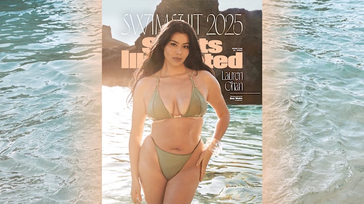 Lauren Chan was photographed by Ben Watts in Bermuda. Swimsuit by Cult Gaia. Bracelets by Alexis Bittar