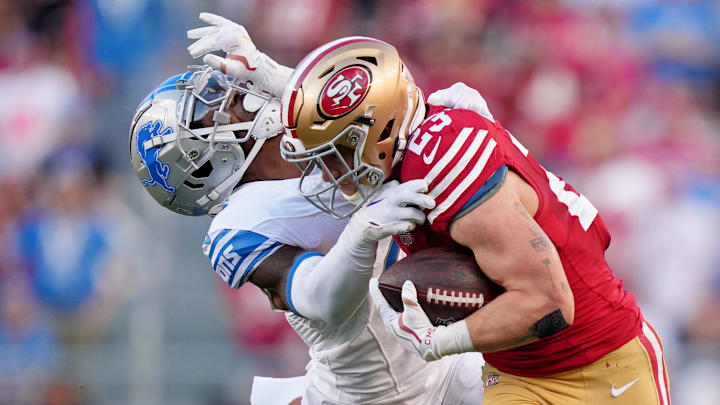 Jan 28, 2024; Santa Clara, California, USA; San Francisco 49ers running back Christian McCaffrey