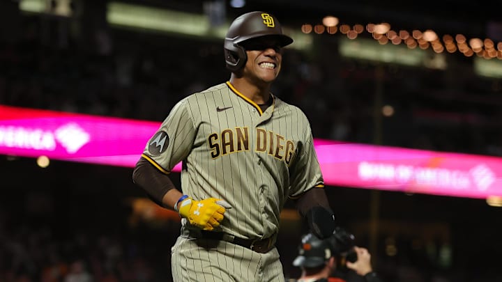 Sep 25, 2023; San Francisco, California, USA; San Diego Padres left fielder Juan Soto (22) reacts
