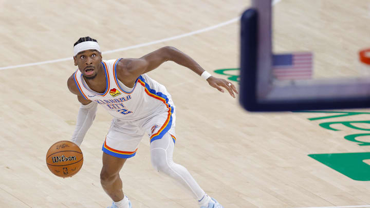 Jun 16, 2025; Oklahoma City, Oklahoma, USA; Oklahoma City Thunder guard Shai Gilgeous-Alexander (2) looks to shoot the ball against the Indiana Pacers during the second quarter in game five of the 2025 NBA Finals at Paycom Center. Mandatory Credit: Alonzo Adams-Imagn Images