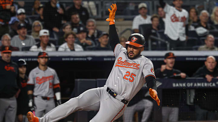 Sep 24, 2024; Bronx, New York, USA; Baltimore Orioles right fielder Anthony Santander (25) scores a run during the fourth inning against the New York Yankees at Yankee Stadium. Sep 24, 2024; Bronx, New York, USA; Baltimore Orioles right fielder Anthony Santander (25) scores a run during the fourth inning against the New York Yankees at Yankee Stadium.