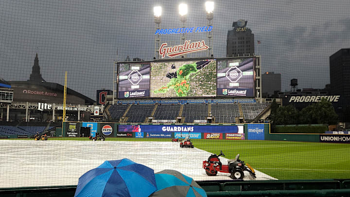 Jul 28, 2025; Cleveland, Ohio, USA; A general view of Progressive Field during a rain delay before a game between the Cleveland Guardians and the Colorado Rockies. Mandatory Credit: David Richard-Imagn Images