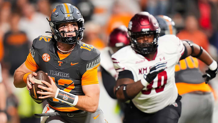 Tennessee quarterback Jake Merklinger (12) during Tennessee's game against New Mexico State in Neyland Stadium in Knoxville, Tenn., on Nov. 15, 2025. Tennessee quarterback Jake Merklinger (12) during Tennessee's game against New Mexico State in Neyland Stadium in Knoxville, Tenn., on Nov. 15, 2025.