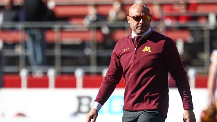 Nov 9, 2024; Piscataway, New Jersey, USA; Minnesota Golden Gophers head coach P.J. Fleck on the field before the game against the Rutgers Scarlet Knights at SHI Stadium. Mandatory Credit: Vincent Carchietta-Imagn Images Nov 9, 2024; Piscataway, New Jersey, USA; Minnesota Golden Gophers head coach P.J. Fleck on the field before the game against the Rutgers Scarlet Knights at SHI Stadium. Mandatory Credit: Vincent Carchietta-Imagn Images