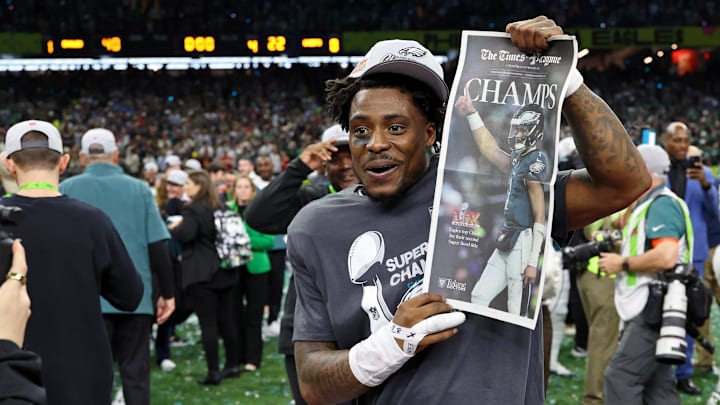 Feb 9, 2025; New Orleans, LA, USA; Philadelphia Eagles safety C.J. Gardner-Johnson (8) celebrates after winning Super Bowl LIX at Caesars Superdome. Mandatory Credit: Geoff Burke-Imagn Images