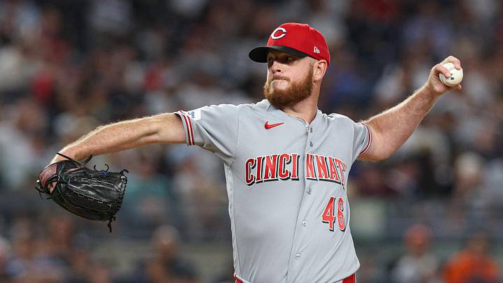 Jun 19, 2026; Bronx, New York, USA; Cincinnati Reds pitcher Caleb Ferguson (46) delivers a pitch during the seventh inning against the New York Yankees at Yankee Stadium. Mandatory Credit: Vincent Carchietta-Imagn Images