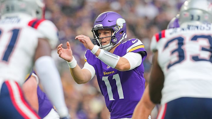 Aug 16, 2025; Minneapolis, Minnesota, USA; Minnesota Vikings quarterback Brett Rypien (11) against the New England Patriots in the second quarter at U.S. Bank Stadium. Mandatory Credit: Brad Rempel-Imagn Images