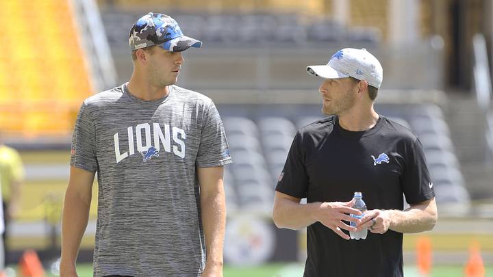 Detroit Lions QB Jared Goff and Ben Johnson talk before a game. Mandatory Credit: Charles LeClaire-USA TODAY Sports Detroit Lions QB Jared Goff and Ben Johnson talk before a game. Mandatory Credit: Charles LeClaire-USA TODAY Sports