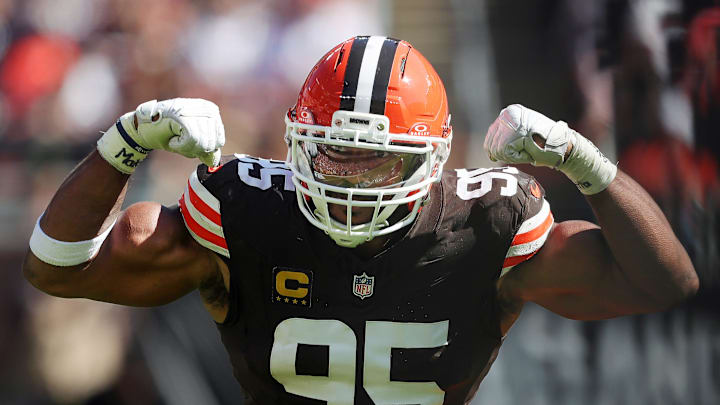 Cleveland Browns defensive end Myles Garrett (95) celebrates as he begins his chase for the NFL sack record after sacking Cincinnati Bengals quarterback Joe Burrow (9) during the second half of an NFL football game at Huntington Bank Field, Sept. 7, 2025, in Cleveland, Ohio. Cleveland Browns defensive end Myles Garrett (95) celebrates as he begins his chase for the NFL sack record after sacking Cincinnati Bengals quarterback Joe Burrow (9) during the second half of an NFL football game at Huntington Bank Field, Sept. 7, 2025, in Cleveland, Ohio.
