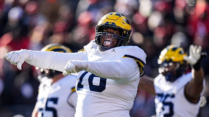 Michigan defensive lineman Kenneth Grant (78) celebrates after Ohio State misses a field goal during the second half at Ohio Stadium in Columbus, Ohio on Saturday, Nov. 30, 2024.
