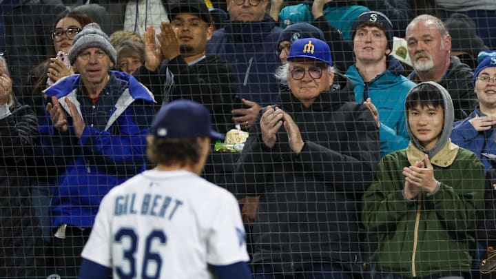 Seattle Mariners fans applaud starting pitcher Logan Gilbert (36) during a sixth inning pitching change against the Houston Astros at T-Mobile Park on April 7.