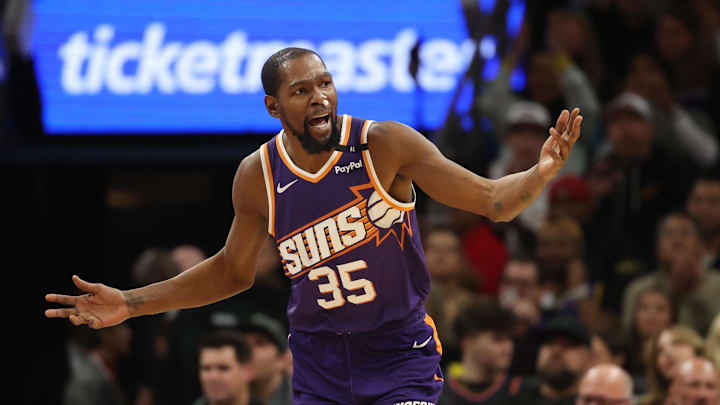Jan 9, 2025; Phoenix, Arizona, USA; Phoenix Suns forward Kevin Durant (35) reacts against the Atlanta Hawks in the second half at Footprint Center. Mandatory Credit: Mark J. Rebilas-Imagn Images