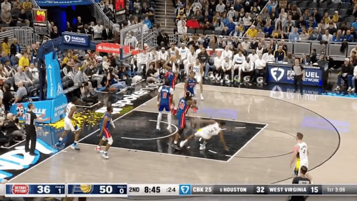 Pistons big man Stewart fouls Pacers center Bryant in the second quarter at Gainbridge Fieldhouse